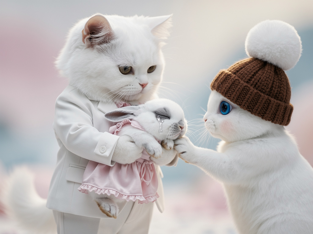 Imagine se: Faz uma gatinha branca com um terno branco e segurando a coelhinha branca com olhos cinzas de vestido rosa e quan