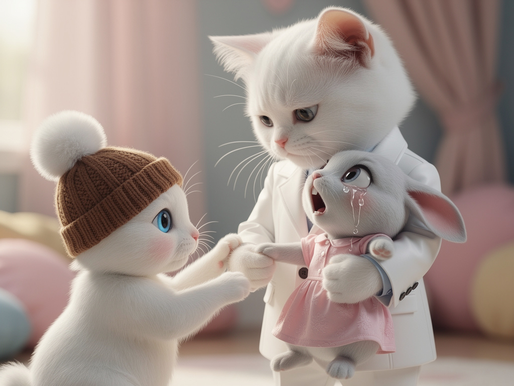 Quando a coelhinha tocou na coelhinha branca que táva dormindo ela chorou com uma voz aguda e fofa e com lágrimas realistas.