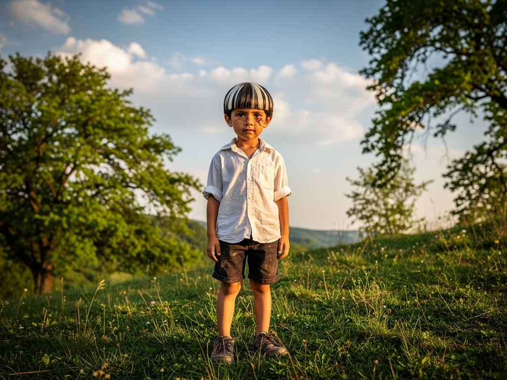 He had white and black hair and a scar near his eyes.