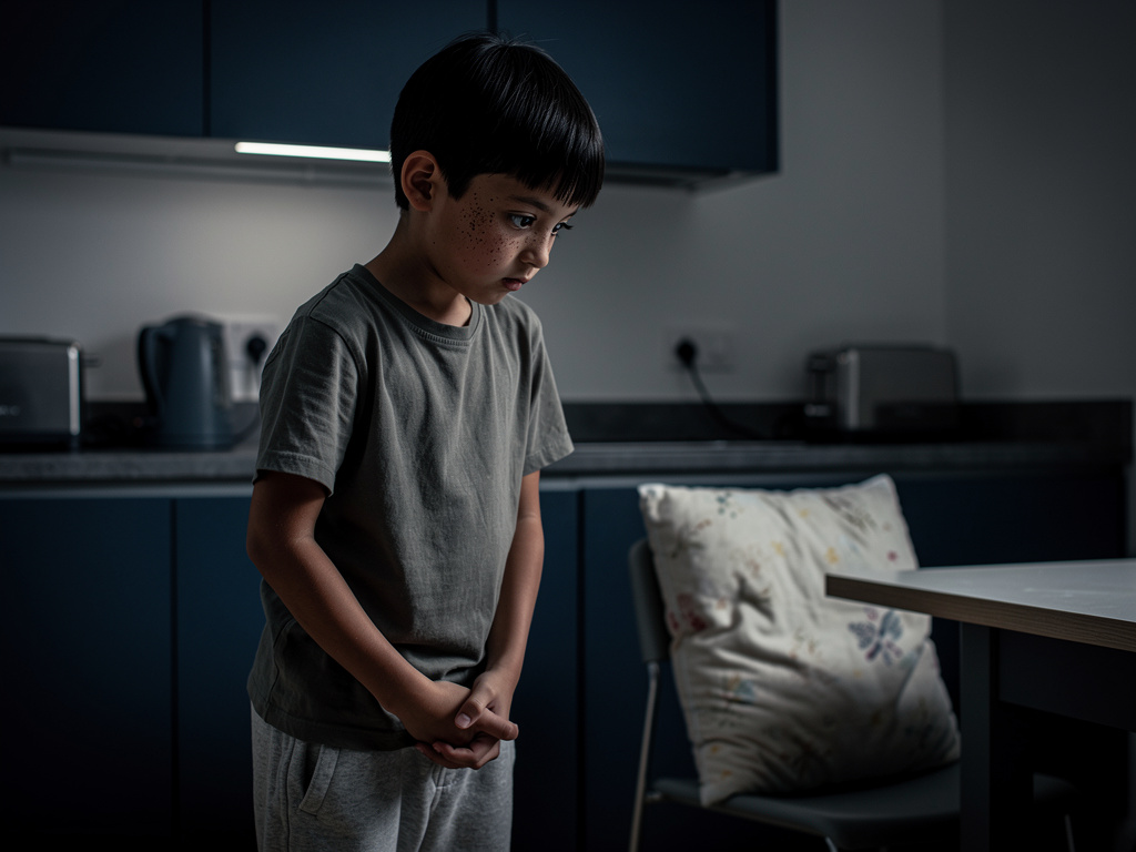 Later he walks in the kitchen.