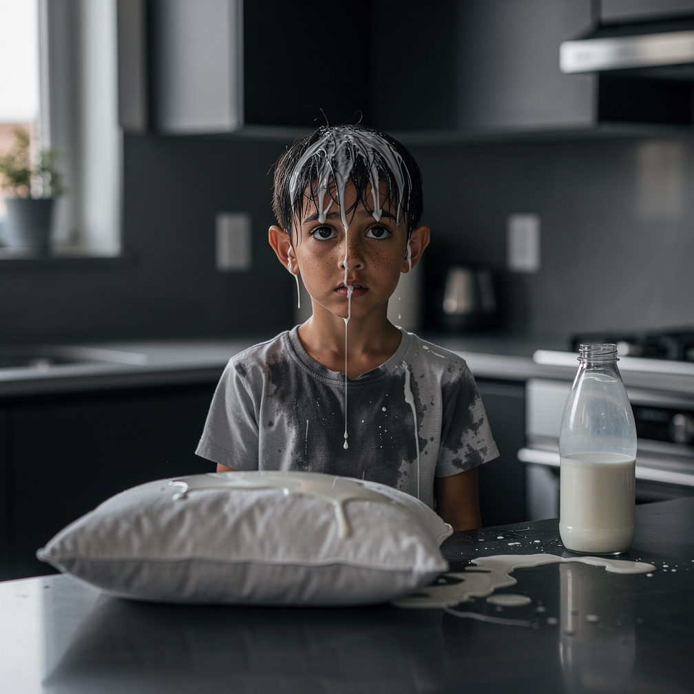 And the white liquid spilled all over his head and stuck permanently in his hair.