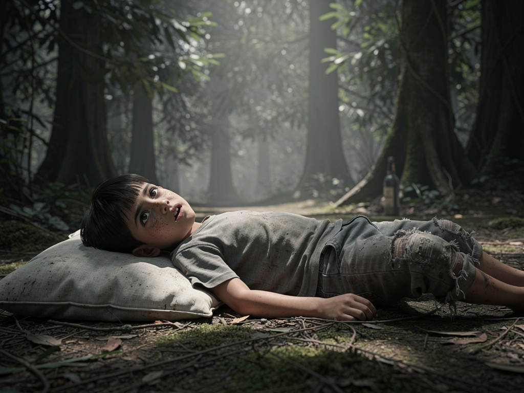 When he finally opens his eyes he is in a forest.
