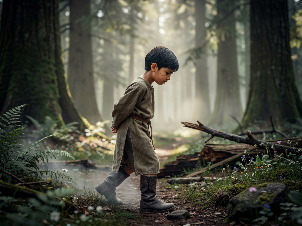 He walks around the forest 
Think how will he survive in this world.