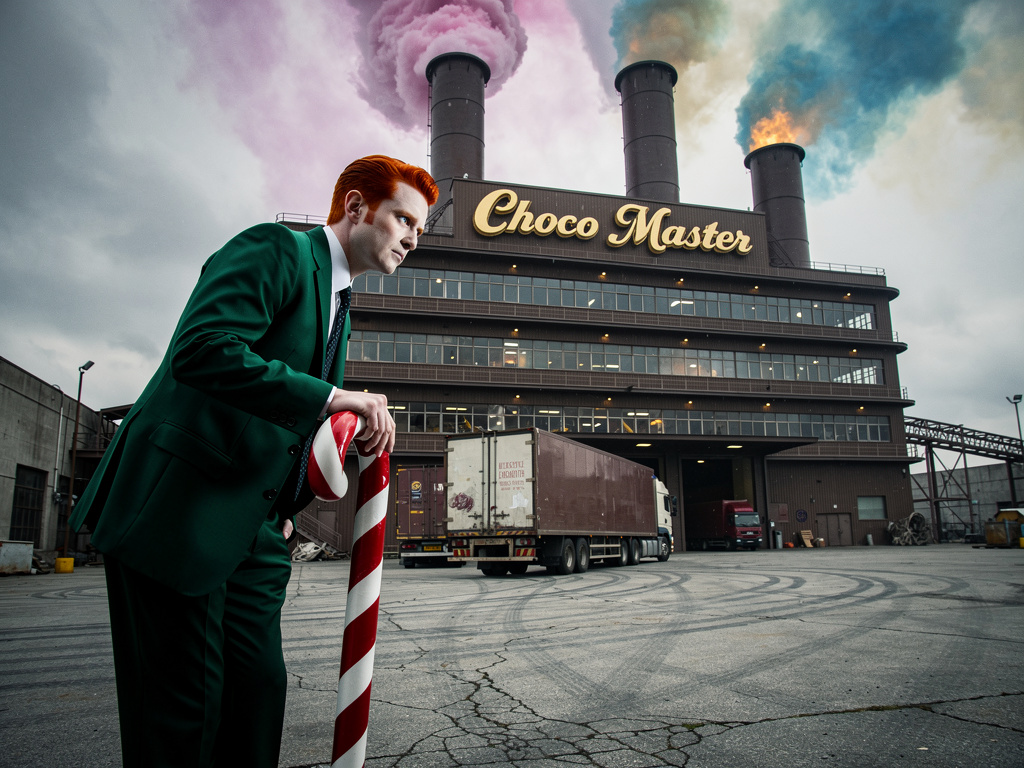 O dono da fábrica é um homem de terno verde, cabelos ruivos, olhos claros, usa uma bengala de doces, ele analisa os caminhões