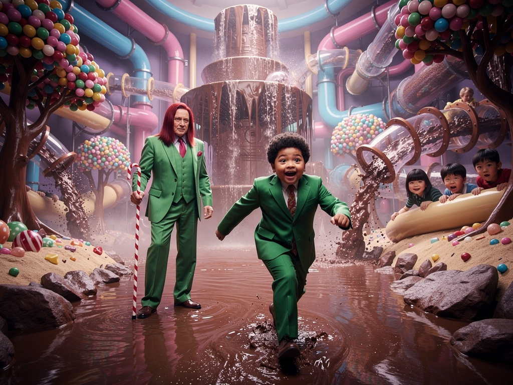 O menino negro, e meio gordinho se chamava Lucas, e ele invadiu a fábrica pela sala de chocolate, um lugar enorme com doces, 