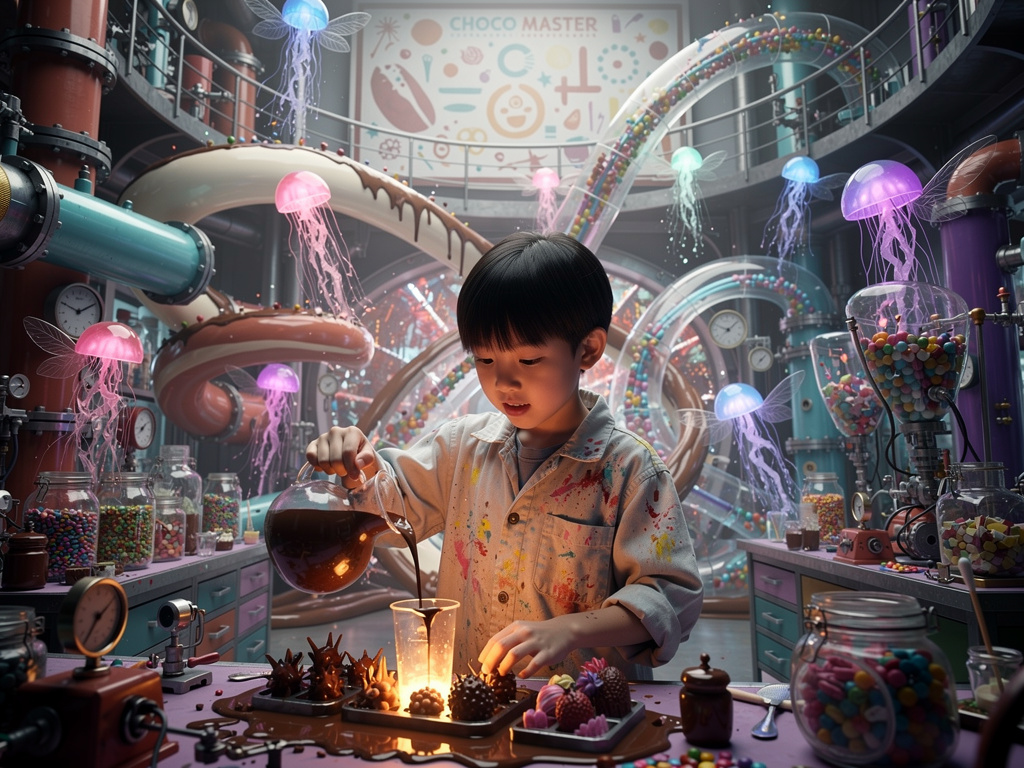 Na outra sala que o menino asiático caiu, ele explorava, experimentos malucos como gelatinas que voam e têm asas.