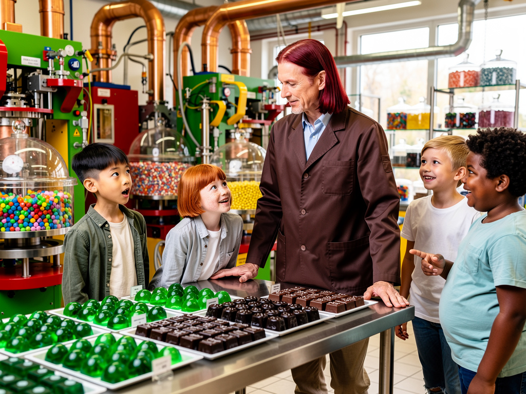 Em outra sala, balas verdes para vizinhos falantes, balas alcoólicas de gin, e pinga os oompa loompas dançavam rindo e se via