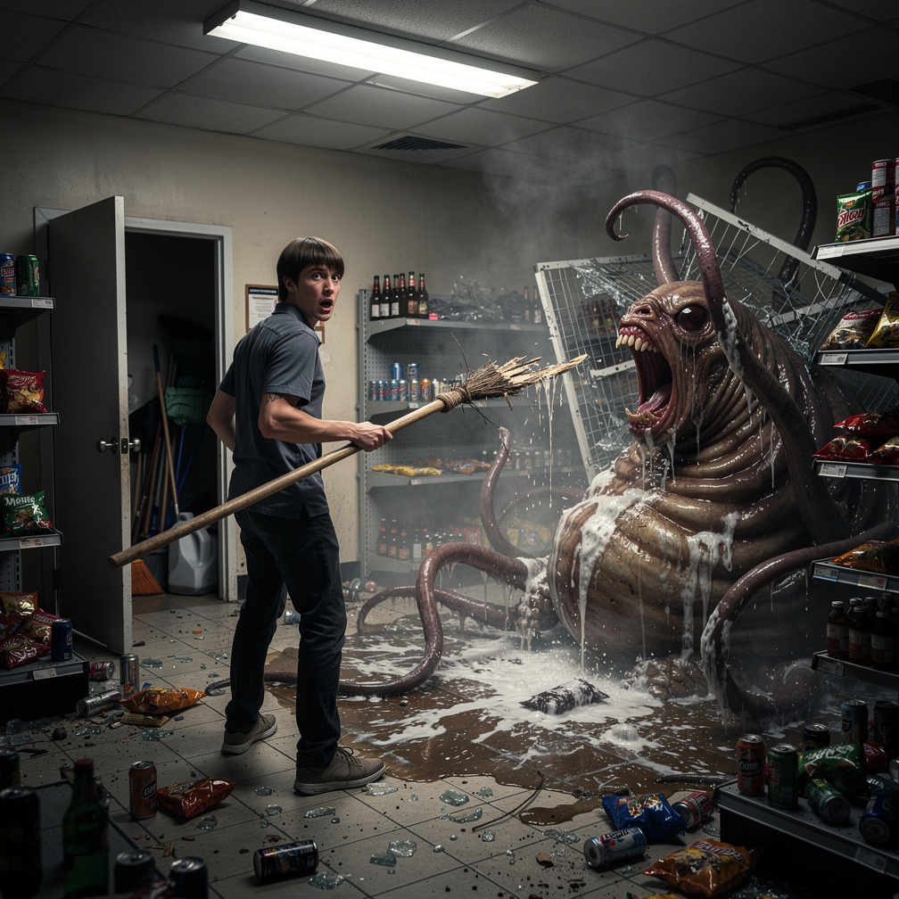 The slug-tentacle alien is looking for something, he hid in the janitor closet and took a broken broom stick as a weapon, he 