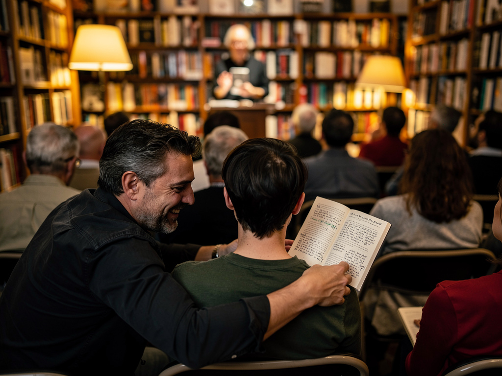 تخيل لو: كنت في جلسة قراءة لكتاب، وعندما يبدأ الكاتب بالتحدث، تشعر بلمسة على كتفك - إنه الشخص الذي كان جالساً بجانبك، يحمل نس