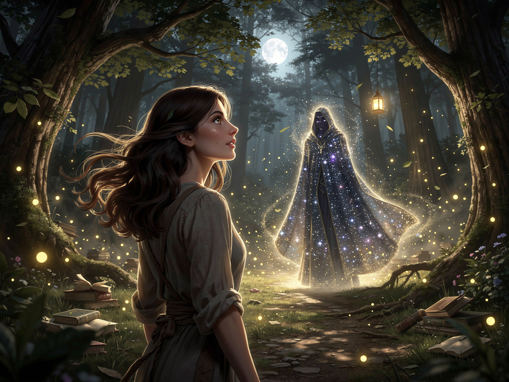 In lontananza, scorse una figura avvolta dal manto luminoso delle stelle: era il Guardiano dei Libri, custode del vasto mondo