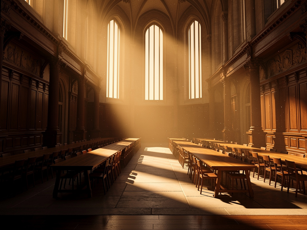 Hayal et: Harry Potter'ın Voldemort ile son düellosu Hogwarts büyük salonunda, kanlı yaralar, ölüm yiyicileri etrafta.