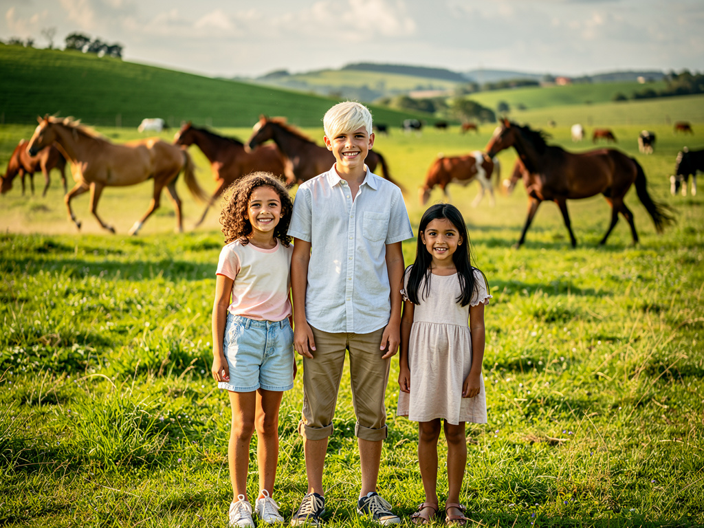 Amigos de Quatro Patas
No campo, a força e a graça caminham lado a lado,
Os cavalos galopam, o vento é o seu fado.
As vacas p