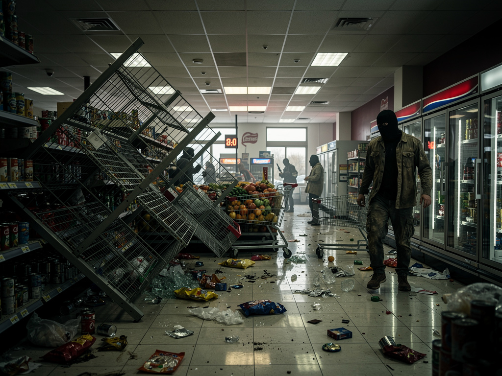 POV warga Amerika melihat supermarket dipenuhi terorist