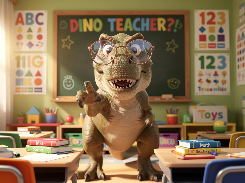 Imagine if: Friendly cartoon T. rex wearing oversized glasses, pointing toward viewer, standing in a bright colorful classroo