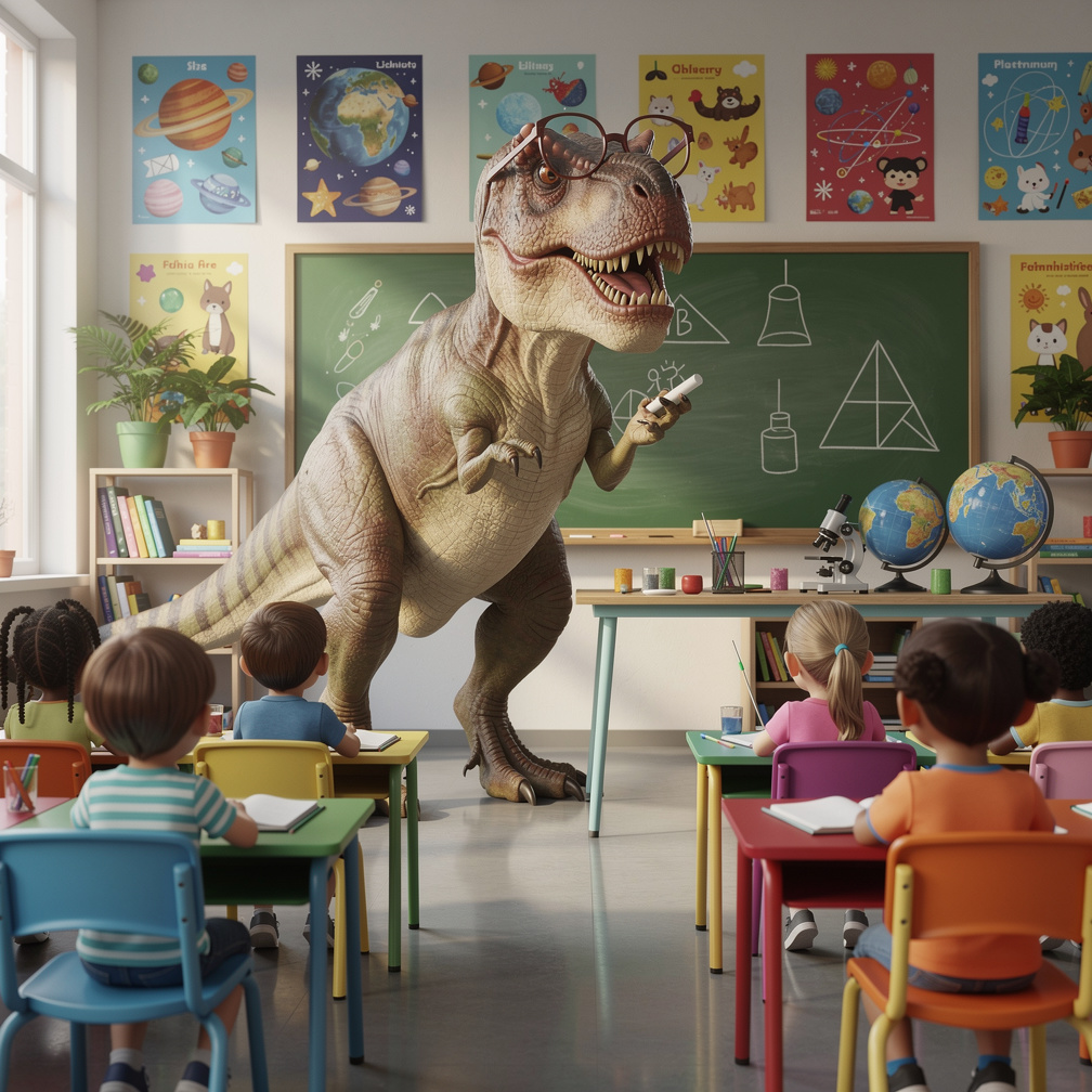 Cartoon dinosaur teacher (T. rex with glasses) standing at a chalkboard, happy kids sitting at desks, colorful classroom, sci