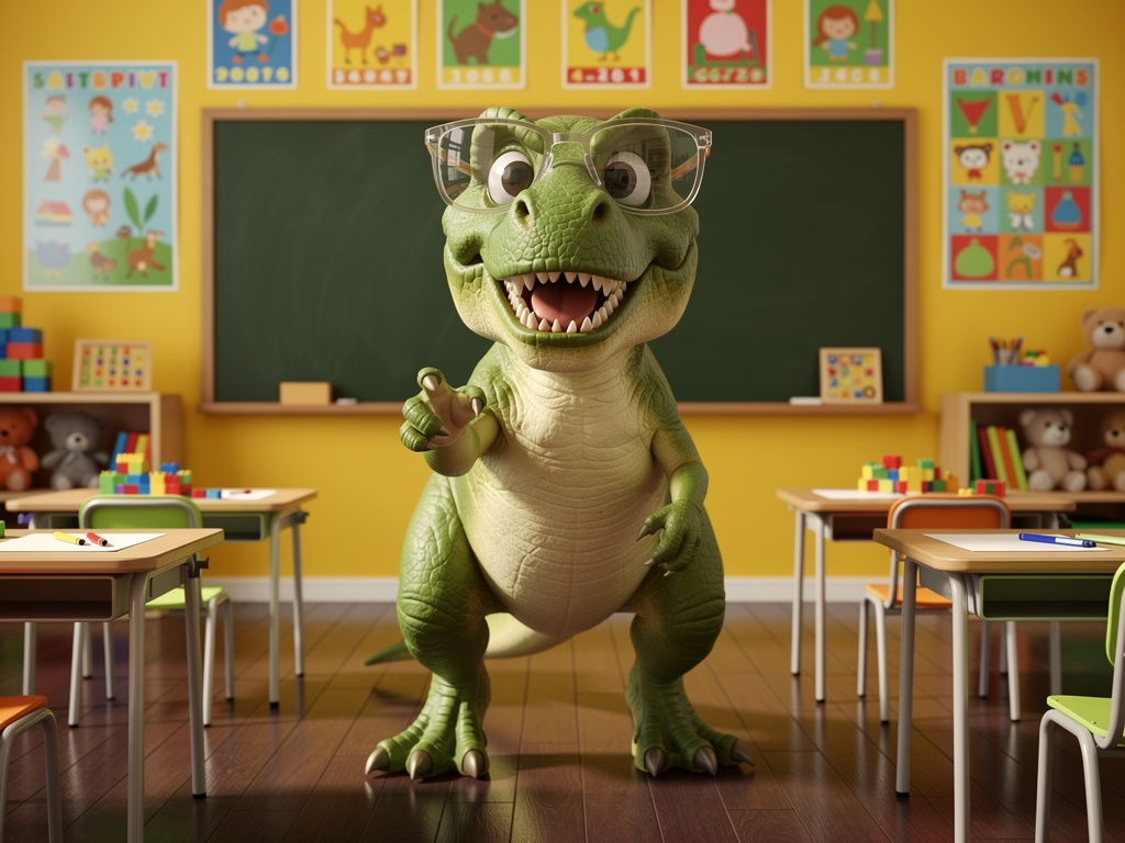Imagine if: Friendly cartoon T. rex wearing oversized glasses, pointing toward viewer, standing in a bright colorful classroo