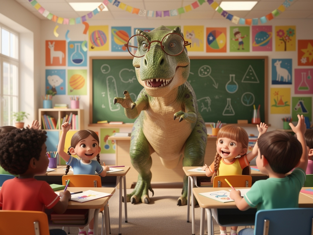 Cartoon dinosaur teacher (T. rex with glasses) standing at a chalkboard, happy kids sitting at desks, colorful classroom, sci
