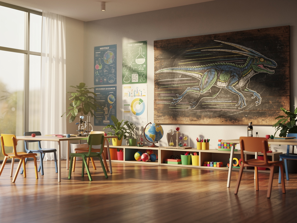 Classroom chalkboard showing a fast running Compsognathus with motion lines, text ‘FASTEST DINOSAUR – 88 MPH’, fun educationa