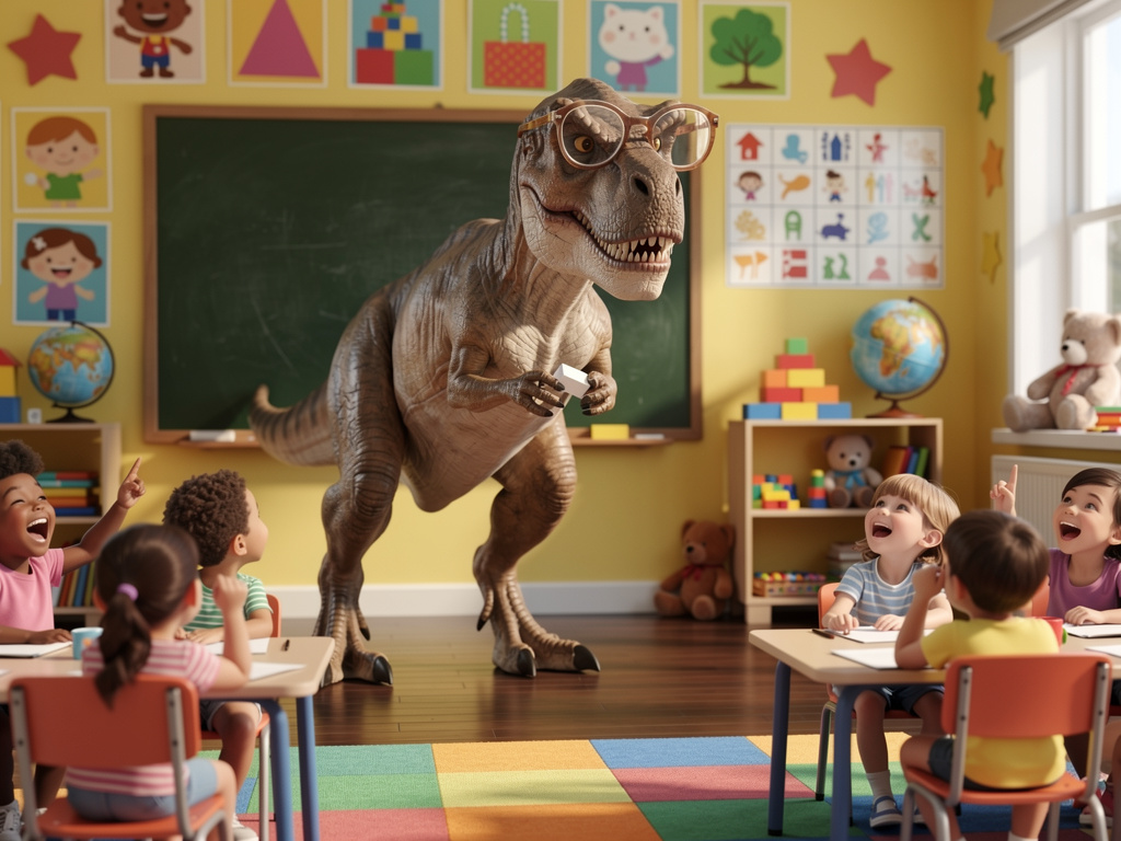 T. rex with glasses trying to hold small chalk with tiny arms, silly expression, kids laughing in classroom, bright and playf