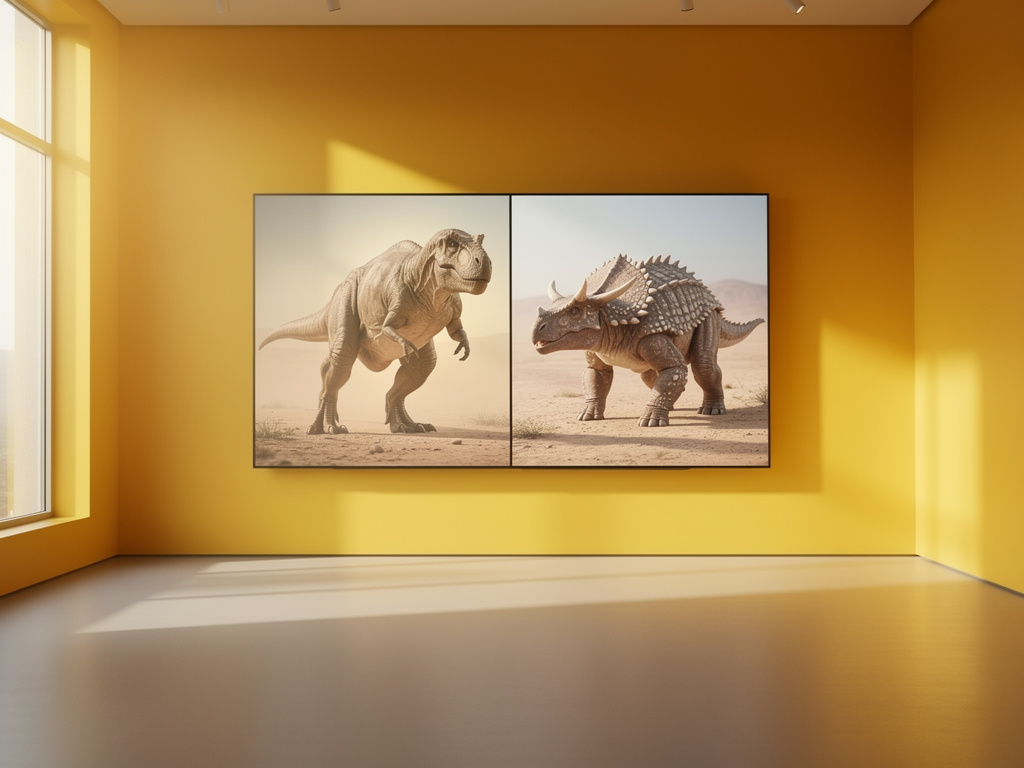 Split image: Triceratops labeled ‘STRONGEST’ looking powerful, Ankylosaurus labeled ‘TOUGHEST’ with armored body, bold colorf