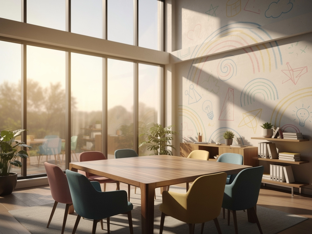 Dinosaur teacher dropping a rock and a feather at the same time, kids watching closely, simple classroom experiment, bright c