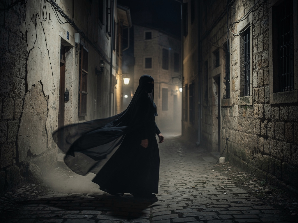 Il suo volto è velato da un misterioso velo nero e i suoi passi sono leggeri come foglie portate dal vento.