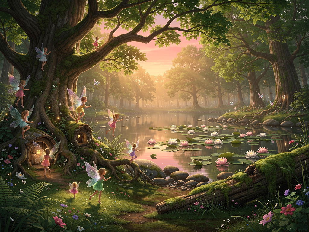 Ogni sera, quando il cielo si tingeva di rosa e arancio, le fate emergevano dalle loro dimore segrete, nascoste tra le radici