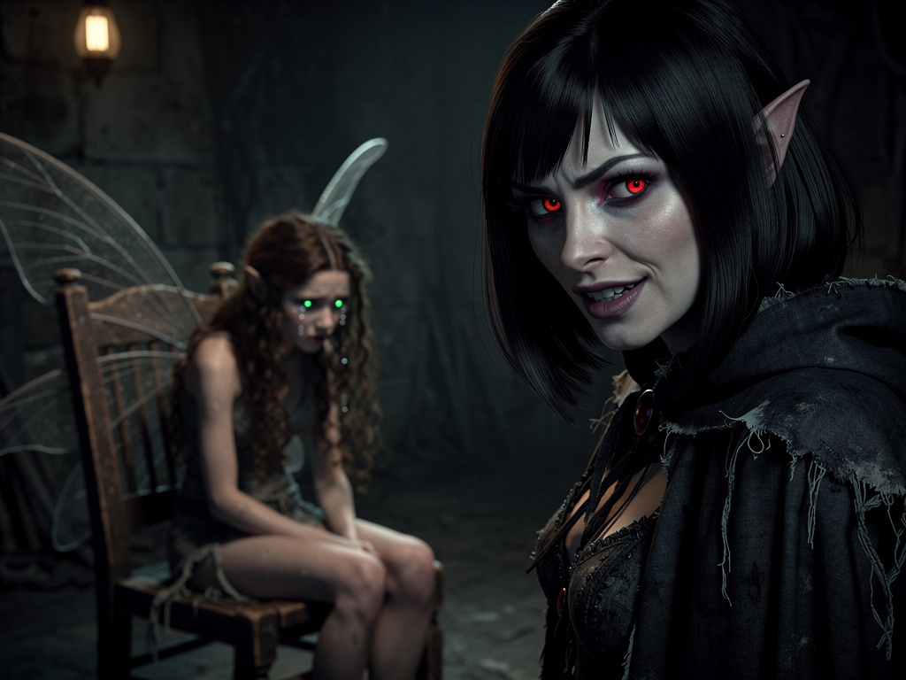 Imagine if: Make a video of a fairy sitting in a chair crying and an evil fairy looks at the camera and says you can only get