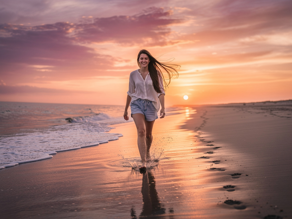 Imagine if: Playing playfully on the beach with sunset in the far. Beautiful brunette girl walking, enjoying her walk with th