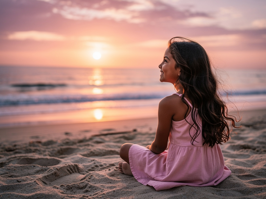 She sits on the sand enjoying the beautiful sunset.  The wind plays through her hair.