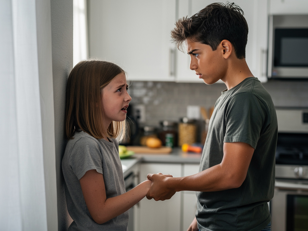 Girl: 12-year-old girl, shoulder-length light brown straight hair, fair skin, oval face with tears, 4'11" (150cm) slender bui