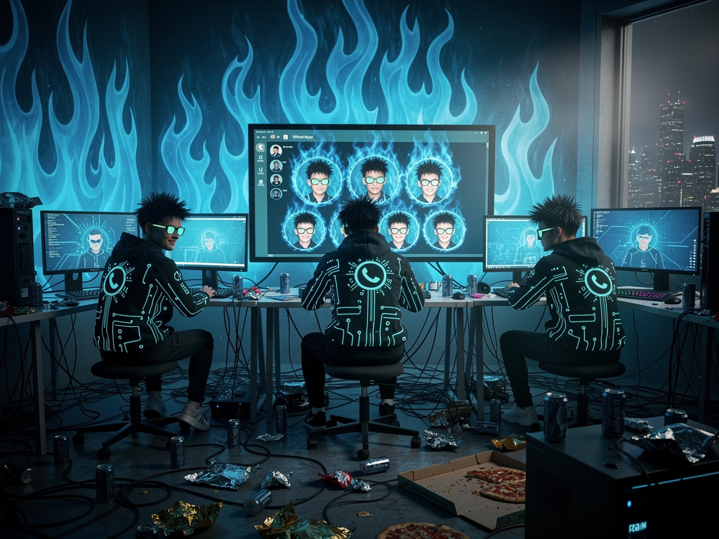 Imagina si: Genera una imagen para perfil de WhatsApp de unos hackers con lumbre azul.