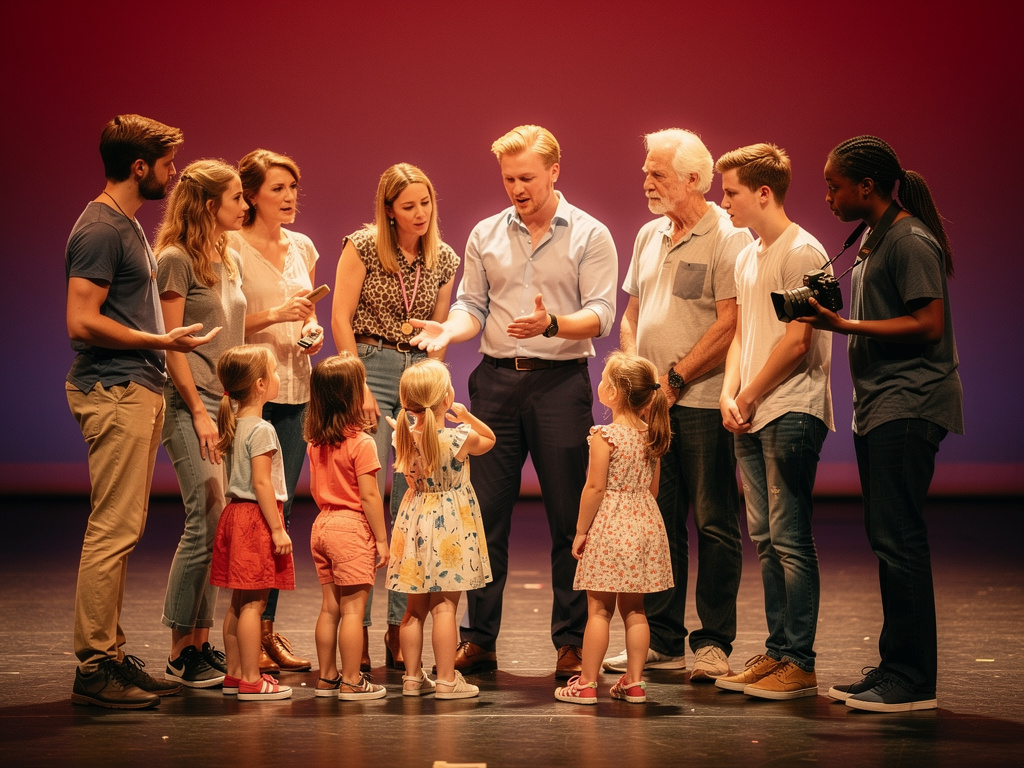 الفتاة الإعلامية تصور و الشاب الأشقر يشرح قواعد في المسرح.