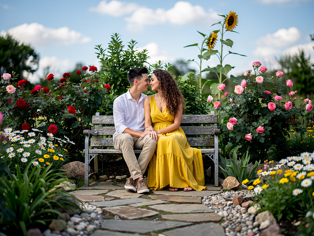 شاب مع شابة في حديقة يجلسان على مقعد.