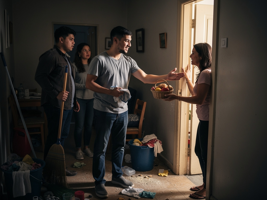 Habang naglilinis sina Ben at Lito, may kumatok sa pinto. Isang kapitbahay ang nag-abot ng kaunting pagkain.

“Para sa inyo,”