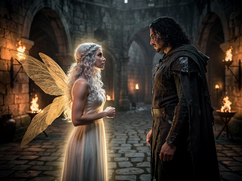 La Fata della Luce, nonostante la sua paura, si avvicinò al Signore dell'Oscurità e cercò di parlargli.