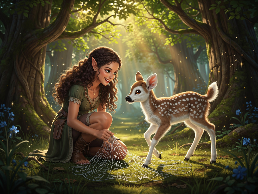 Curioso e premuroso, Liriel si diresse verso la fonte del suono e scoprì un dolce cerbiatto intrappolato in una rete di fili 