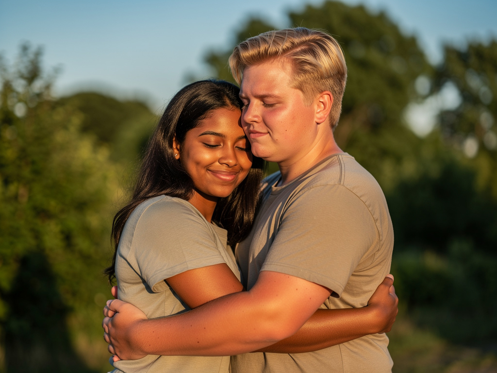 فتاة سمراء قليلاً مع شاب أشقر بسمنة خفيفة يحبان بعضهما.