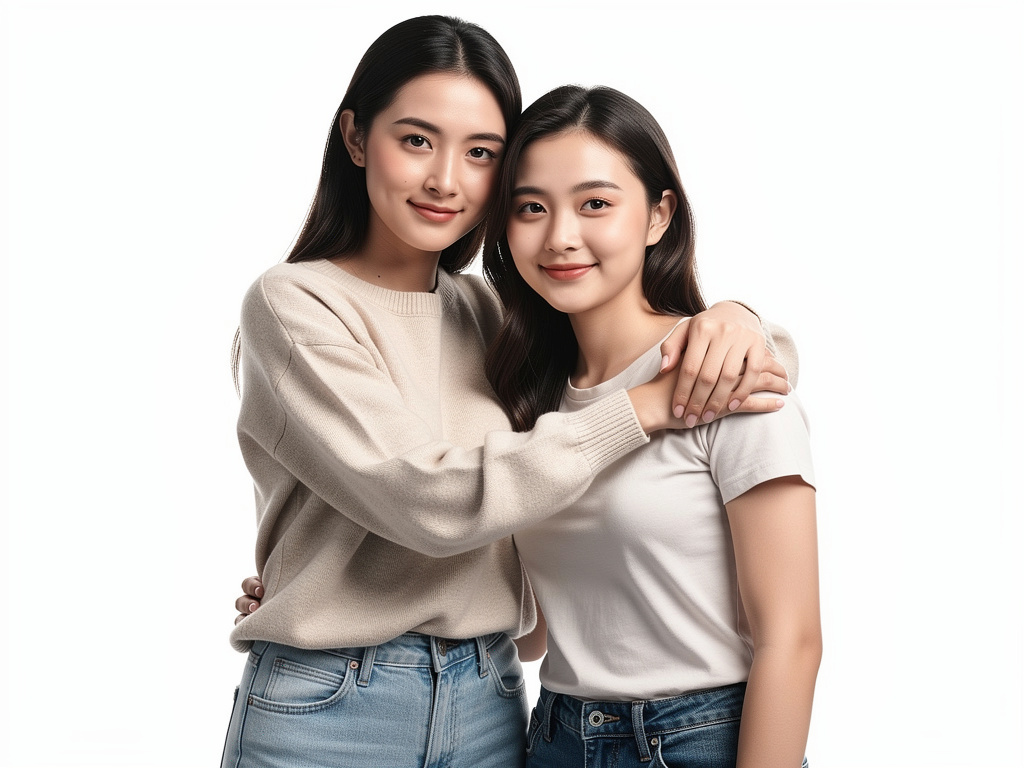 Imagine if: Two anime girls, full body, white background. Clean anime style, not chibi, semi-realistic adult proportions (aro