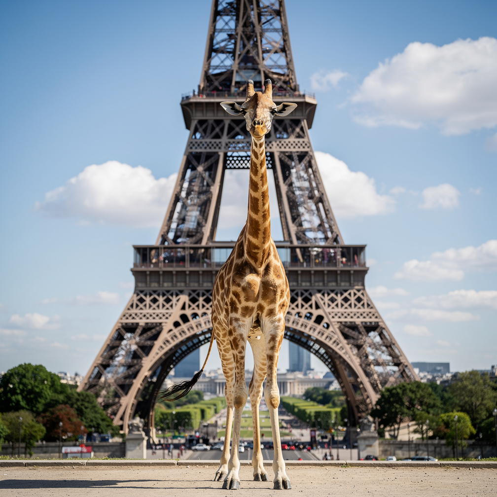 Imagine if: Giraffe standing in front of Eiffel tower.