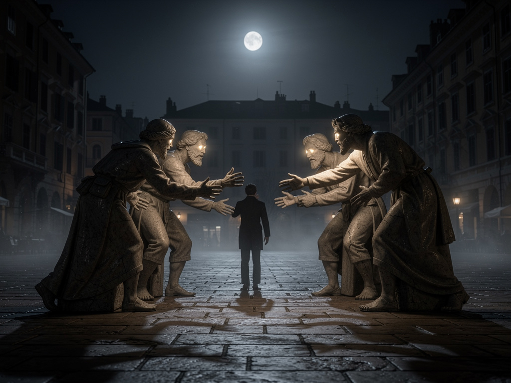 Imagina si: En las horas silenciosas y bañadas por la luz de la luna, las estatuas en la plaza central de la ciudad cobran vi