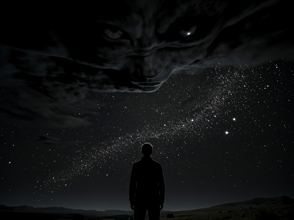 اقترب من الظل، فاهتزّ السواد كأنه حي. سمع همسًا: "القمر لم يختفِ، بل اختبأ." تسارعت دقاته، وانشق الظلام قليلًا، كاشفًا سرًا ي