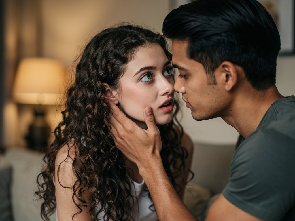 The man swiftly grasped the girl's cheek, beginning to draw his face closer to hers.