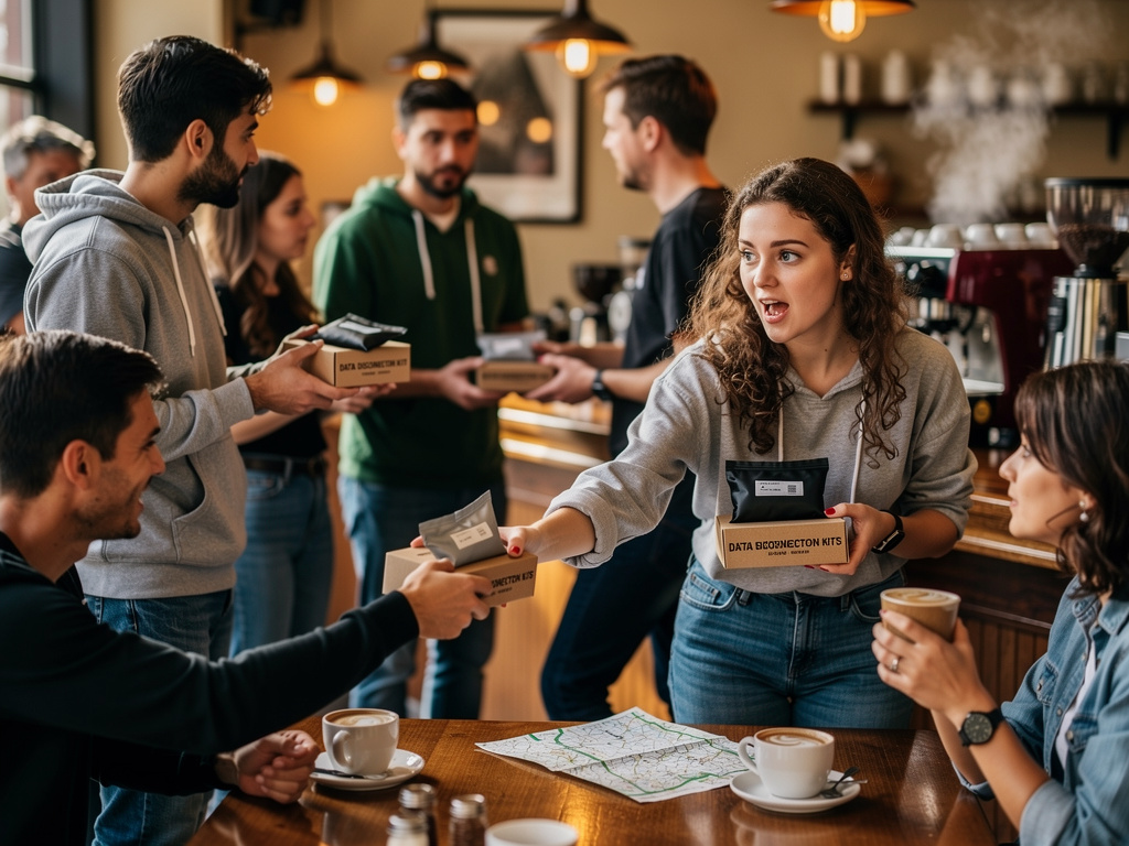 Imagina si: Estás en una cafetería cuando un grupo de activistas comienza a repartir kits de "desconexión de datos", que incl