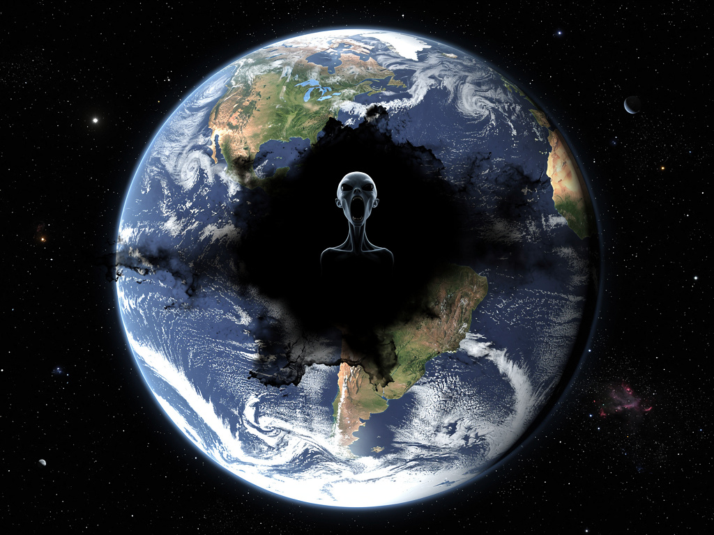 Imagina si: (Página 1 - Portada)
Una imagen gigante del planeta Tierra visto desde el espacio, pero una mancha negra gigante 