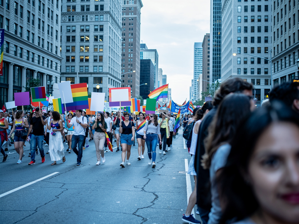 Imagina si: Una vista de 45° con cabezas de personas desenfocadas en la esquina derecha y lo que importa es una marcha de per
