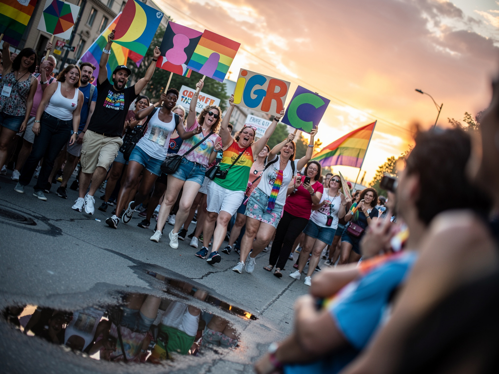 Una marcha de personas lgbt con carteles y que en la esquina inferior derecha estén algunas cabezas de personas desenfocadas.