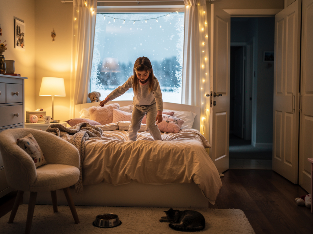 Imagine if: Page 1  
One cold winter morning,  
I woke up early.  
I wanted to feed my cat, Kitty.  

Page 2  
But Kitty was 