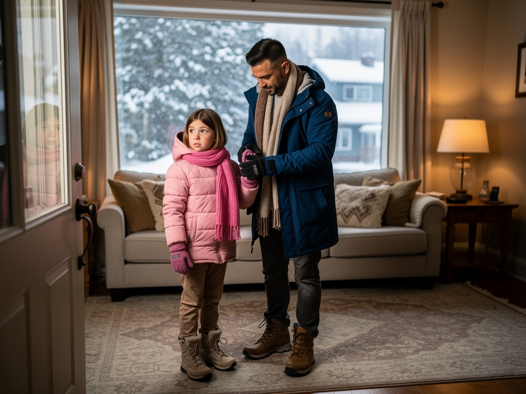 Page 4  
We put on warm clothes—  
jackets, scarves, gloves, and boots.  
It was very cold outside.  

Page 5  
Everything wa