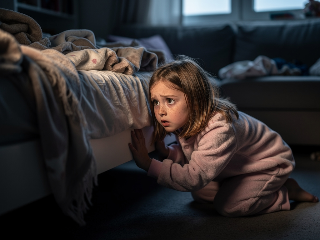 Page 2  
Text: But Kitty was gone! I looked under the bed. I looked behind the couch. No Kitty!  
Illustration: The child pee